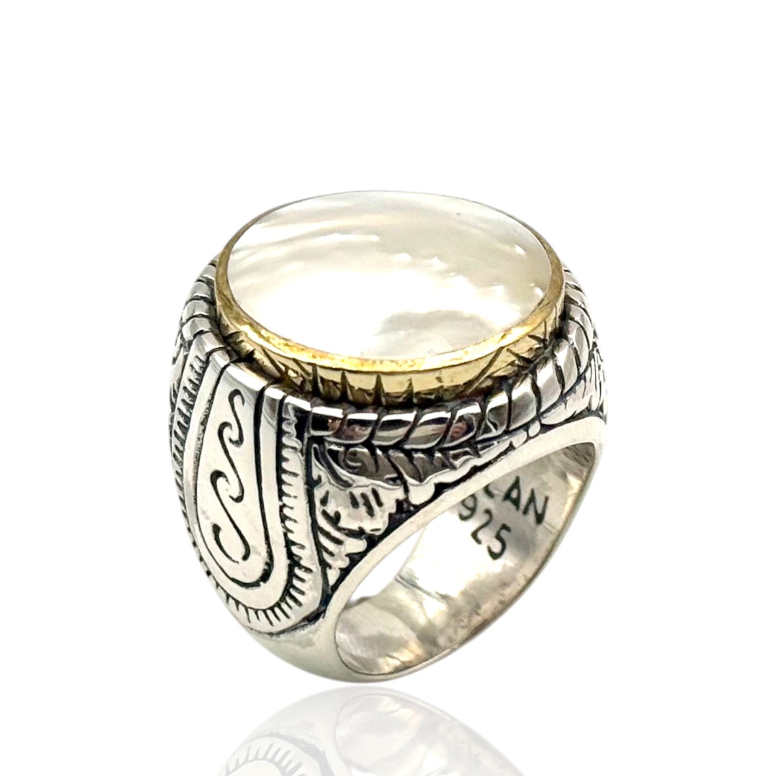 Bague En Argent 925 Vintage Avec Médaillon En Nacre - Taille 51, Bijou Fin Et Délicat